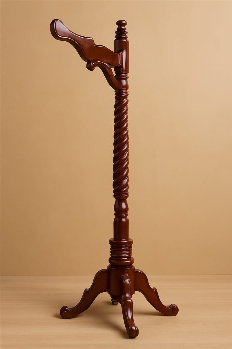 Vedadhara Dhara Stambha — a hand-turned mahogany shirodhara stand with barley-twist column and cabriole feet