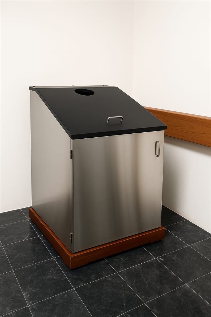 Vedadhara Swedana Kutir — a stainless steel herbal steam chamber with a sloped, sealed lid and teak plinth