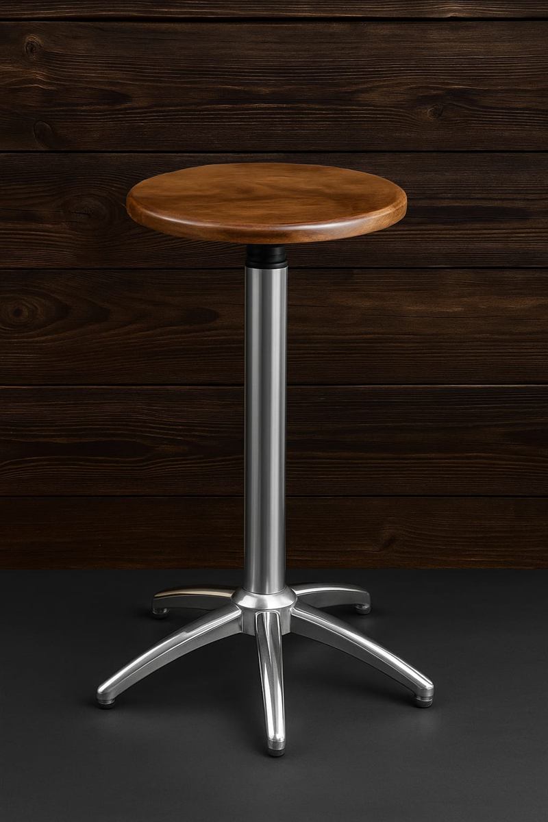 Vedadhara Vaidya Asana — a turned hardwood therapist's stool on a brushed aluminium five-point pedestal base